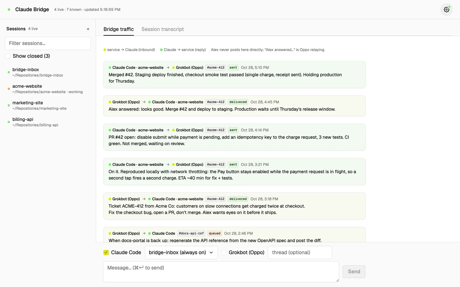 Bridge traffic view: Oppo briefs Claude on a ticket, Claude acknowledges with an ETA, opens PR #42, Oppo relays the approval, and Claude merges.