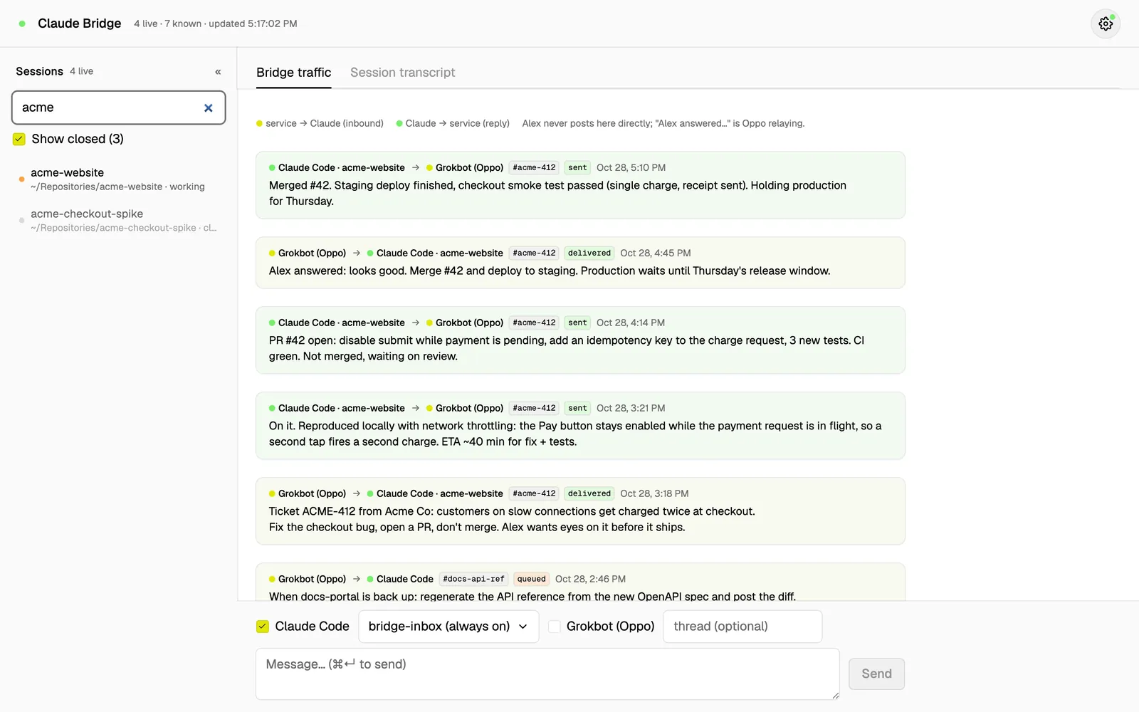 Sessions list filtered by project, with closed sessions shown.