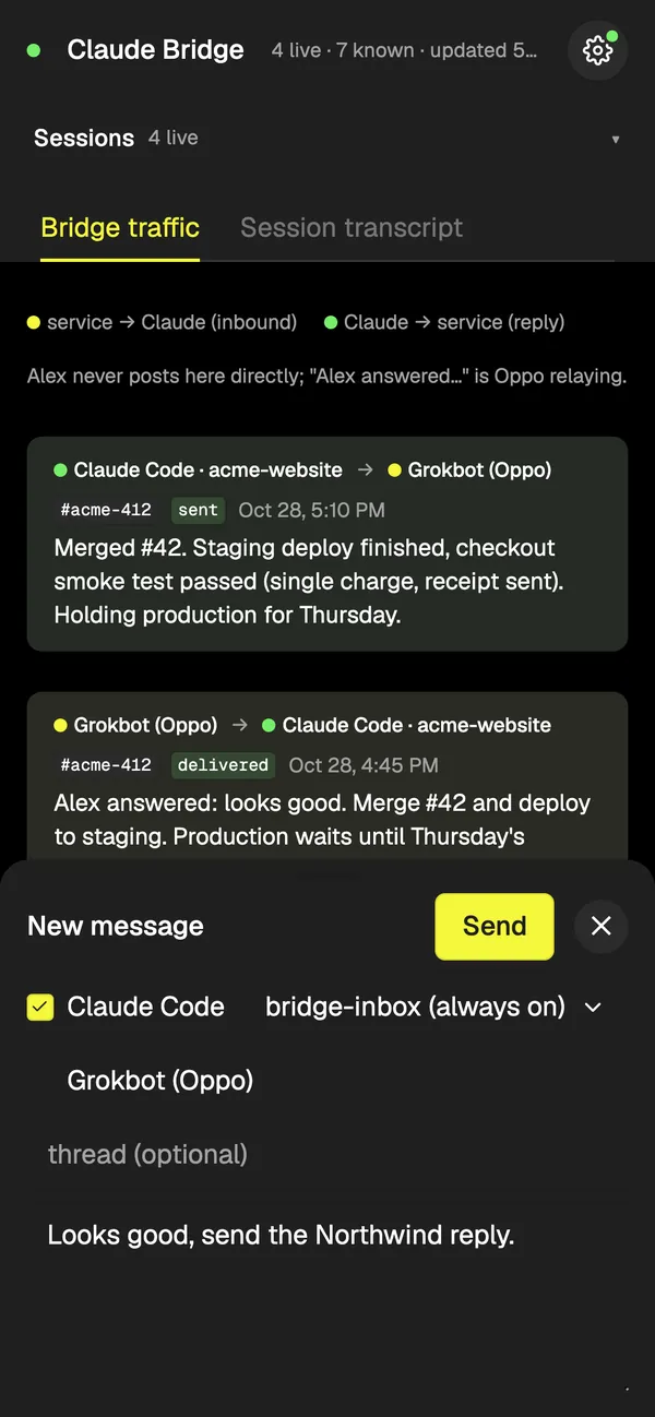 Phone view in dark mode with the chat sheet open and a reply drafted.